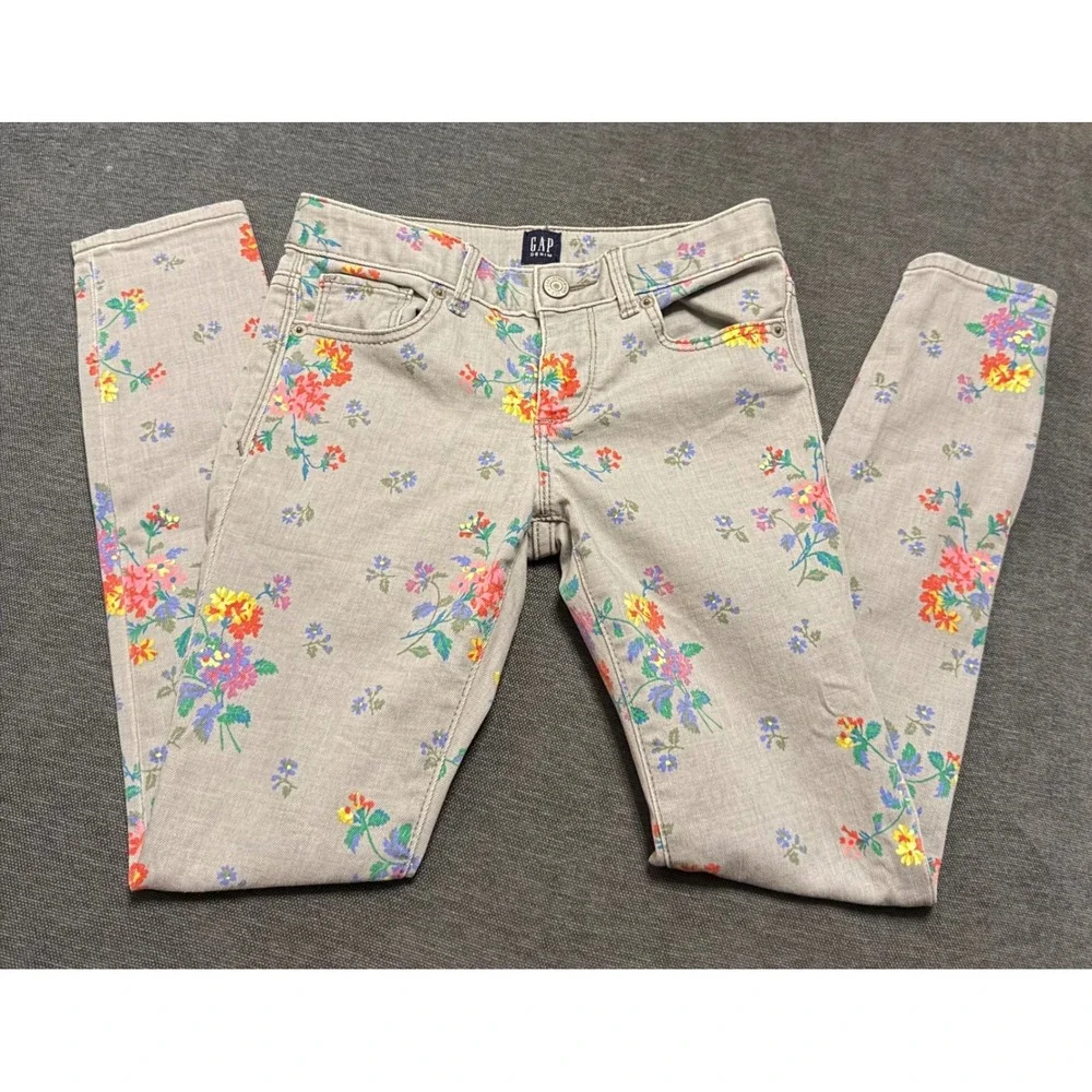 Gap Kids Girls Gray Floral Stretch Super Skinny Jeans Size 8 Regular Adjustable